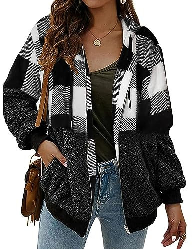 ABINGOO Damen Kapuzenjacke Warm Mantel Teddy-Fleece Plüschjacke Karierte Casuale Zip Hoodie Cardigan Outwear(Schwarz+Weiß,XL)