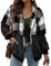 ABINGOO Damen Kapuzenjacke Warm Mantel Teddy-Fleece Plüschjacke Karierte Casuale Zip Hoodie Cardigan Outwear(Schwarz+Weiß,XL)
