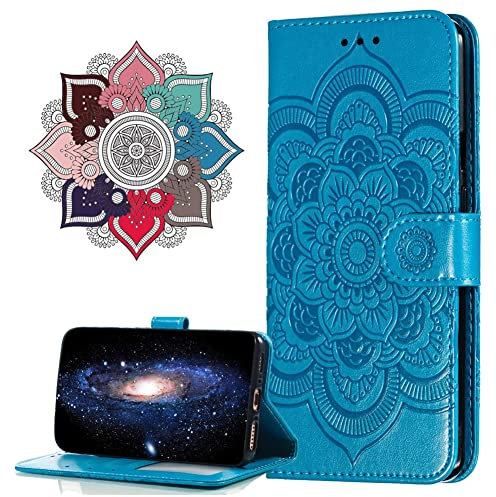 IMIRST Flip Case for iPhone 13 Pro PU Leather Wallet Closure Embossed Shockproof Cover with Kickstand Card Slots Holder for Apple iPhone 13 Pro. LD Mandala Blue
