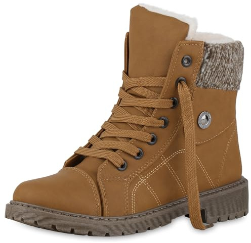 VAN HILL Damen Worker Boots Blockabsatz Profilsohle Bequem Schuhe 214083 Hellbraun 40