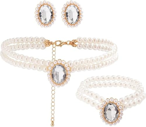 TOFBS 3PCS Perlen Schmuck Damen Smaragd Anhänger Halskette Armband Ohrringe Set Perlen Perlenkette Hochzeit Schmuck für Frau Freundin Braut Mutter Tochter Geschenk