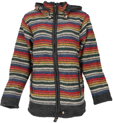 GURU SHOP Kuschelige gefütterte Strickjacke aus Schafwolle, Unisex | Fleece gefüttert, abnehmbare Kapuze, geräumige Taschen, fair gehandelt in Nepal