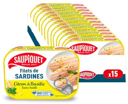 SAUPIQUET - Filets de Sardines Citron Basilic - Sans Huile - Sans Arêtes - Sans conservateurs, colorants ni arômes artificiels - Issus d'une Pêche Traçabilité Garantie - 15 Conserves (100 g)