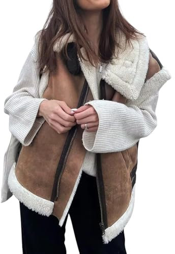 Hongsuny Damen Winter Warm Wildleder Sherpa Leder Zip Up Ärmellose Lammfell Weste Jacke Mantel
