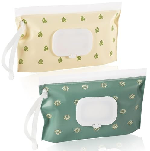 SANNIX Wet Wipes Bag for Babies, 2 Wet Wipes Box Baby Reusable Wet Wipe Bag Wet Wipes Bag for On the Go Wet Wipes Bag for Babies Portable (Green Bohemia)
