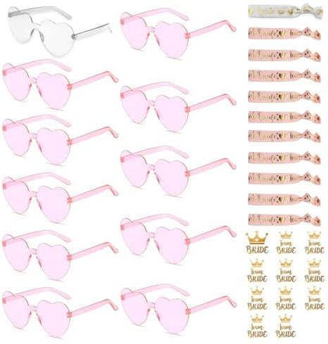 Lunriwis 33 Stück JGA Brille Team Braut Armbänder,11 Stück Herz Sonnenbrille+11 Stück Bride Tattoo Aufkleber+11 Stück Bride Armband, JGA Deko Accessoires für Hochzeitsfeierdekorationen(rosa)