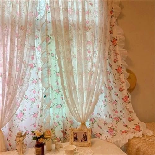 QIJIAYU Französischer rustikaler Stil, doppelte Rüschen, Spitze, Blumenvorhänge, Wohnzimmer, Polyester-Baumwolle, rosa Vorhangstoff, Küche