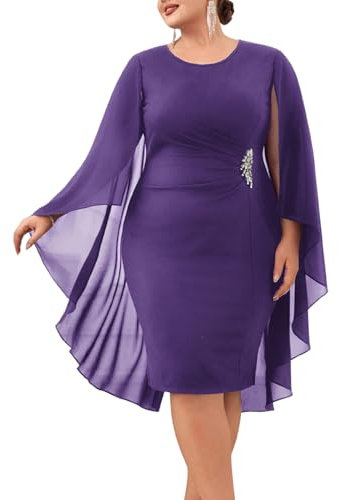 Hanna Nikole Women Plus Size Chiffon Cape Pencil Dress Midi-Length Cocktail Dress Ruched Rhinestone Elegant Sheath Dress Purple 20
