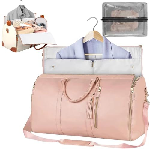 CXINLky Faltbare Reisetasche Kleidersack Travel Duffle Bag PU Leder Wasserdicht Reisetasche Faltbar Große Kapazität Kleidersack Reisetasche Anzugtasche Reisetasche-Rosa