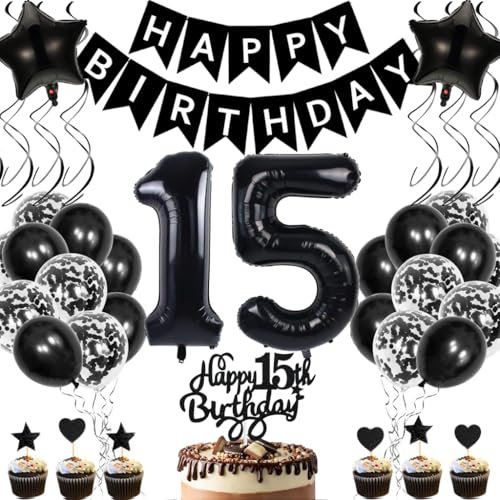 Anlgdi Geburtstagsdeko 15 Jahre Mädchen Junge, Luftballons 15. Geburtstag Dekoration, Schwarz Tortendeko Geburtstags 15 Jahre Mädchen, Folienballon Zahl 15 Schwarz, Deko 15. Geburtstag Junge