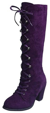 Stivali Invernali Donna Cavalier a Mezza Polpaccio Con Lacci In Pelle Scamosciata Alti Tacchi Spessi, Viola, 39 EU Ancho