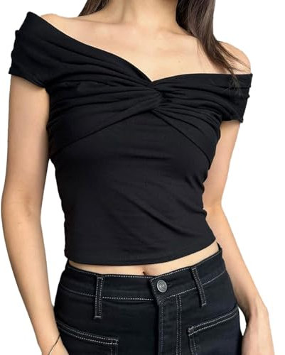EMOTTOS Y2K Crop Top Femmes, Top Épaule Courte Col en V Manches Courtes, Tshirt Tee Shirt Femmes Cropped Tops Basic Tee Coupe Étroite, Noir M