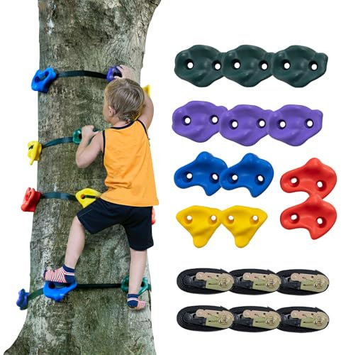 VEVOR Ninja-Baumkletterset Baumklettergriffe, 12 Baumklettergriffe und 6 Ratschengurte, große Kletterfelsen, Formen, für Ninja-Warrior-Hindernistraining im Freien, bunt