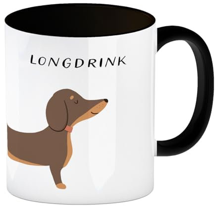 Taza de café de perro salchicha en negro con texto «Longdrink», perfecta para los amantes del alcohol, ideal para amantes del alcohol, Gin Tonic, tequila, vodka, whisky