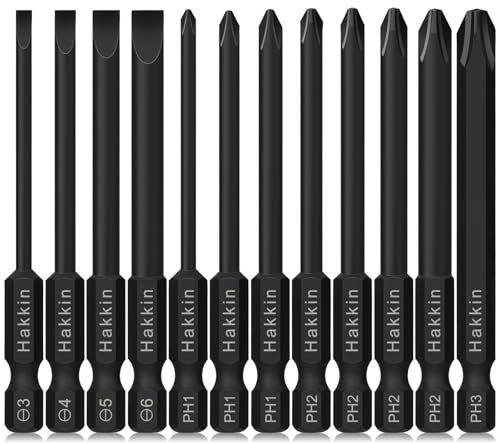 Hakkin 12Pcs 75mm Magnetic Flat Slotted Phillips Cross Head Screwdriver Bit Set S2 Steel 1/4” Hex Shank for Impact Power Tool SL3 SL4 SL5 SL6 PH1 PH2 PH3