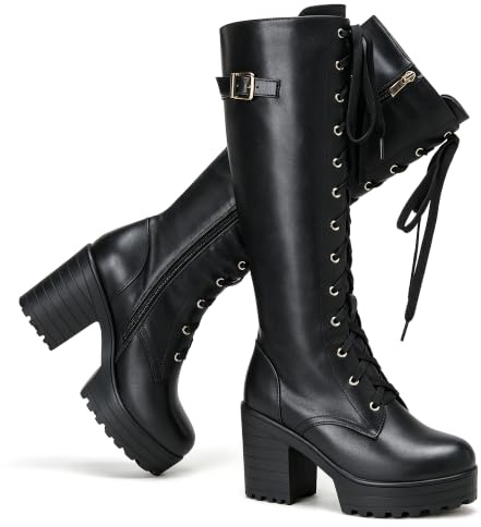 Voviggiw Women Fashion Platform Knee High Boots Lace Up Chunky Heel Boots with Buckle Side Zipper Biker Boots