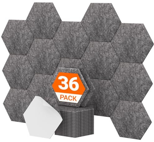 Hexagon Akustikplatten selbstklebend 36 Stücke, TONOR Schallabsorber Schallschutz mit Hochdichte Wandfliesen Schall Dämmung 30x26x0,9cm für Studio, Büro, Akustische Behandlung und Wanddekoration Grau
