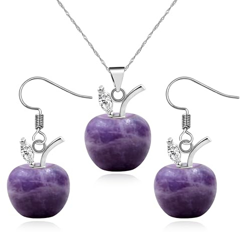 JunyiDIY Schöne Lila Apfel Schmuck Set für Frauen | Natürlicher Lepidolith Apfel Anhänger Halskette und Ohrring | Elegantes Valentinstags Weihnachtsgeburtstagsgeschenk YA4030