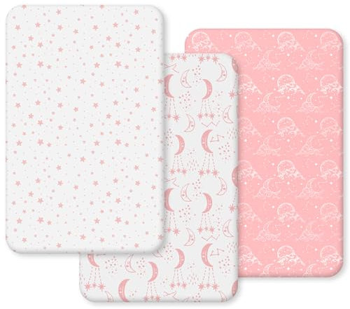 Unnivoll Next to Me Crib Sheets 51 x 85 cm Super Soft & Breathable Bedside Crib Fitted Sheets 3 Pack White Pink Moon