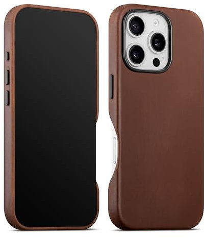 maogoam for iPhone 16 Pro Max Case Leather 6.9 inch, Compatible With MagSafe, Genuine Vintage Crazy Horse Leather, Metal Buttons & Camera Bump Frame, Indiana-Jones Style, Dark Brown