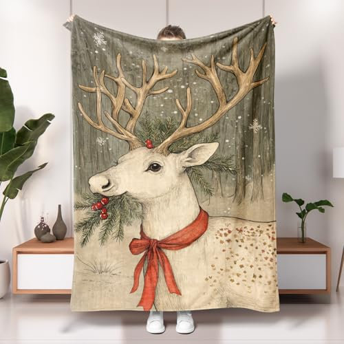Fleece-Decke mit weihnachtlichem Rentier, weicher Plüsch, Urlaubsdekoration, Überwurfdecke, leicht, gemütlich, Bezug für Sofa, Reisen, Picknicks, Wintersaison, 127 x 152 cm