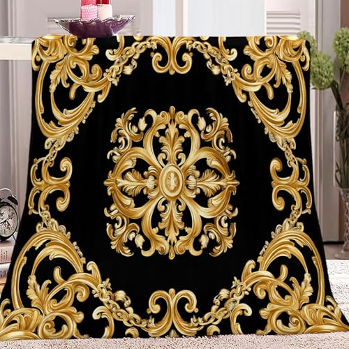 Decke Kuscheldecke Flanell Fleecedecke 150 x 200 cm Moderne Luxuskette Design, Schwarz Gold Wohndecke für Kinder Jungen Mädchen Zuhause Wohnzimmer Dekoration Couchdecke