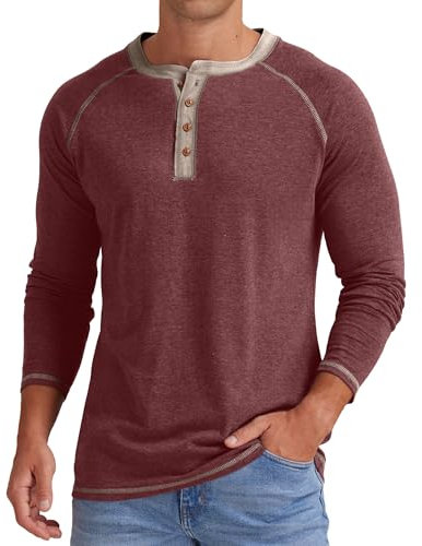 Sailwind Mens Henley Long Sleeve T-Shirt Cotton Casual Shirt (VG-Red, L)