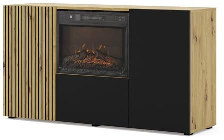 Homlando Kommode AURIS 3D 150 cm mit elektrischem Kamin -Sideboard Highboard - Kommode - Schlafzimmer oder Wohnzimmer - Artisan Eiche/Schwarz Matt