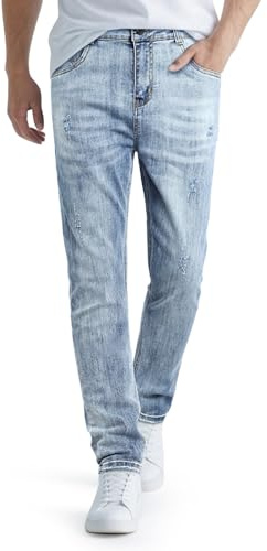 GINGTTO Jeans Skinny Homme Déchiré Pantalon Slim Fit Denim Serré Extensible Jegging Cassé pour Hommes Bleu Clair 30Wx30L