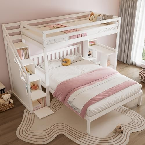 FocusOnHome Etagenbett mit seitlichen Ablagen, 90 * 200cm+140 * 200cm, Multifunktionales Kinderbett, Kinder-Etagenbett, Mit Stautreppe, Großer Stauraum, Ohne Matratze, Kiefer + MDF, Weiß