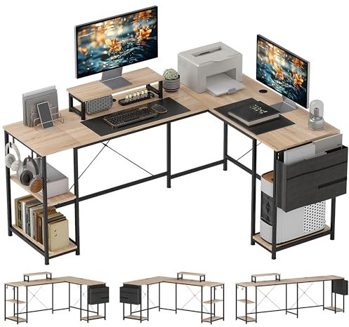 HOMCOM Modularer Eckschreibtisch, umkehrbar, Schreibtisch mit Ablage 168-240 cm Industriestil - verstellbares Regal, Aufbewahrungstasche, Bildschirmhalter, Computertisch für 2 Personen, Naturholz