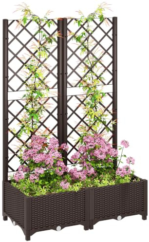 Outsunny Hochbeet mit Spalier, Kunststoff-Pflanzkasten mit Entwässerungslöchern, Abflussstopfen und Wasserreservoir für Kletterpflanzen, Gemüse, Blumen, braun