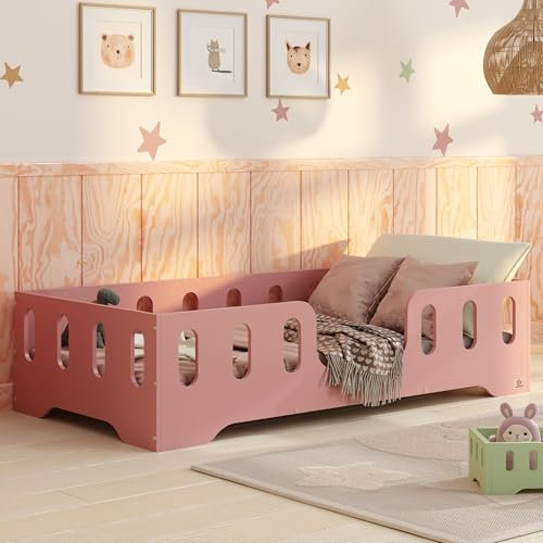 smartwood Bodenbett 140x200 Rosa - Montessori Kinderbett aus Holz mit FSC-Zertifikat TILA 2 mit Rausfallschutz & Lattenrost bis 300kg belastbar - Einfache Montage