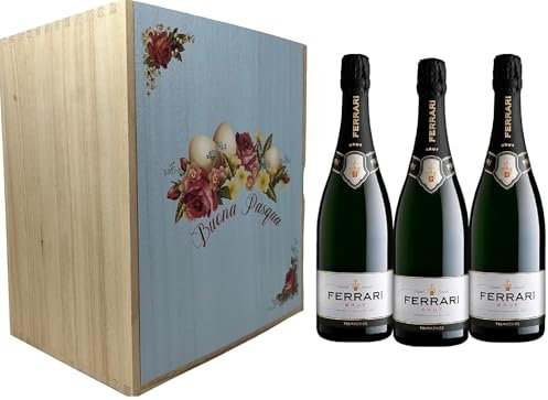 3 Bottiglie di Ferrari Brut Trento DOC 75cl in Elegante Cofanetto Pasquale in Legno, Ottima ed Esclusiva Idea Regalo !