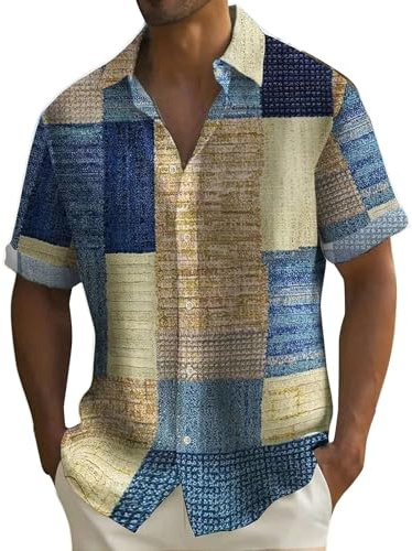 Chemise Infroissable Chemise Boutonnée à Manches Courtes Pour Hommes, D'été Décontractée, Imprimé Patchwork, Chemise Boutonnée Pour Hommes Chemise Blanche Homme Sans Repassage Blanche Infroissable