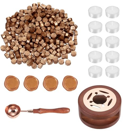 PATIKIL Wax Seal Kit, 300 Pcs Wax Sealing Beads, Wooden Warmer, Melted Spoon, 10 Pcs Tealight Candles for Envelope Letter Mailing Crafts DIY, Copper Gold