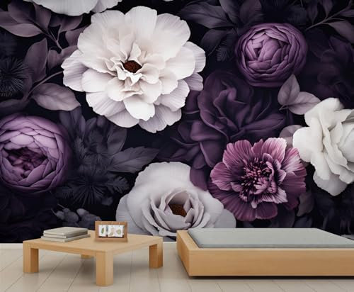 YXQAIED Purple Rose Wallpaper for Living Room, White and Purple Peony Wall Mural, Retro American Flowers Wallpaper, Renter Friendly Removable Non-Woven Photo Wall Paper 3D, 100x70cm