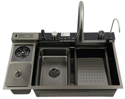 Fregadero de cocina con cascada de acero inoxidable, 82 x 48 x 23 cm, teclas para piano, fregadero con lavavajillas y cubo de basura, multifunción, fregadero para el hogar con grifo, tabla de cortar