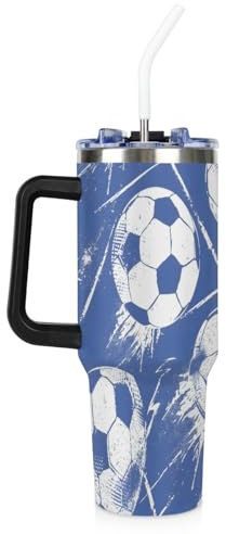 Mintoprints Blue Soccer Ball 40 oz Tumbler with Handle and Straw Lid Insulated Stainless Steel Cup Travel Mug