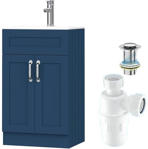 BELOFAY 500mm Under Sink Bathroom Cabinet Floor Standing Storage Cupboard Basin Vanity Unit, 600mm Laquered Cloakroom Vanity Unit with Basin, Trap and Waste, Tap not Included (New York Blue)