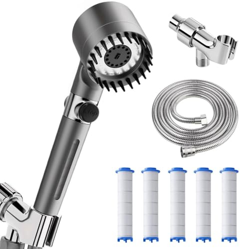 Vlecexs Duschkopf mit Schlauch und Filter, Hochdruck Handbrause mit 4 Strahlarten, Wassersparend Duschbrause mit Stoppfunktion, Duschkopf für Hartes Wasser, Rest-Chlor, Bakterien