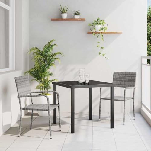 Teenpull Garten Essgruppe 3-teilig, Grau Poly Rattan, Outdoor Möbelset mit Glastisch, 2 Stühle, Patio Dining Set für Balkon & Terrasse