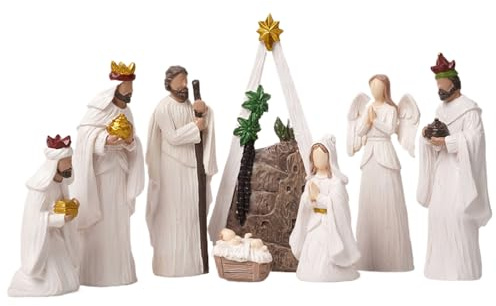 Krippen-Set (8-teilig), modernes weißes Kunstharz, Krippenfiguren, Ornamente, religiöse Tischplatte, Weihnachts-Sammlerstücke für Feiertagsdekorationen, Set, Innenbereich, Sets und Figuren, N