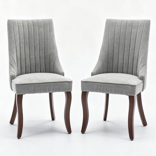 SEEDWAVE Esszimmerstühle 2er Set mit Chenille-Bezug, moderner Küchenstuhl mit geschwungenen Holzfüßen und verstellbaren Fußpads, für Esszimmer, Küche und Schlafzimmer (Grau)