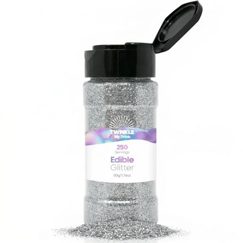 TWINKLE MY DRINK® Essbarer Glitzer Für Getränke Silber Cocktail Glitzer Sekt Likör Glitzerpulver Lebensmittelglitzer Hochzeit Vegan Geschmacksneutral 50g (Silber - Für Über 250 Getränke)