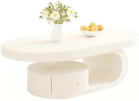 SCGSJZH Ovaler Couchtisch aus Massivholz Cremeweiß, Wohnzimmertisch Moderner Tisch mit Metallrahmen und Schublade, 100x60x42 cm, für Schlafzimmer und Büro (A)