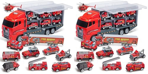 Coolplay Feuerwehrauto Groß Autotransporter Spielzeug Einsatzfahrzeug Kinder Autos Spielzeug Set für ab 3 Jahre Junge (Packung mit 2)