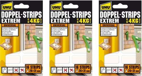 3er Sparpack UHU 45450 - Doppel-Strips Extrem bis zu 4 kg, 16 Stück, ca. 26 mm x 31 mm (3er Pack | Doppel-Strips Extrem)