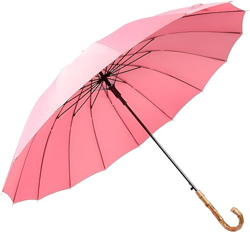 Lanker KS08P Ombrello lungo con apertura e chiusura manuale, con 16 stecche, resistente e robusto, in fibra 210T, impermeabile, antivento, sportivo rosa