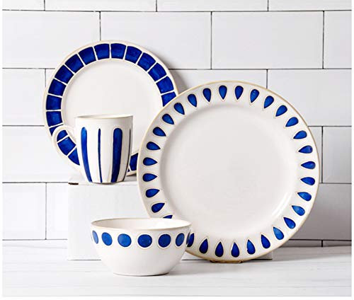 XCXDX Vajilla De Cerámica Blanca con Azul, Vajilla De 4 Piezas, Plato De Taza De Porcelana, Apilable Redondo para Ahorrar Espacio
